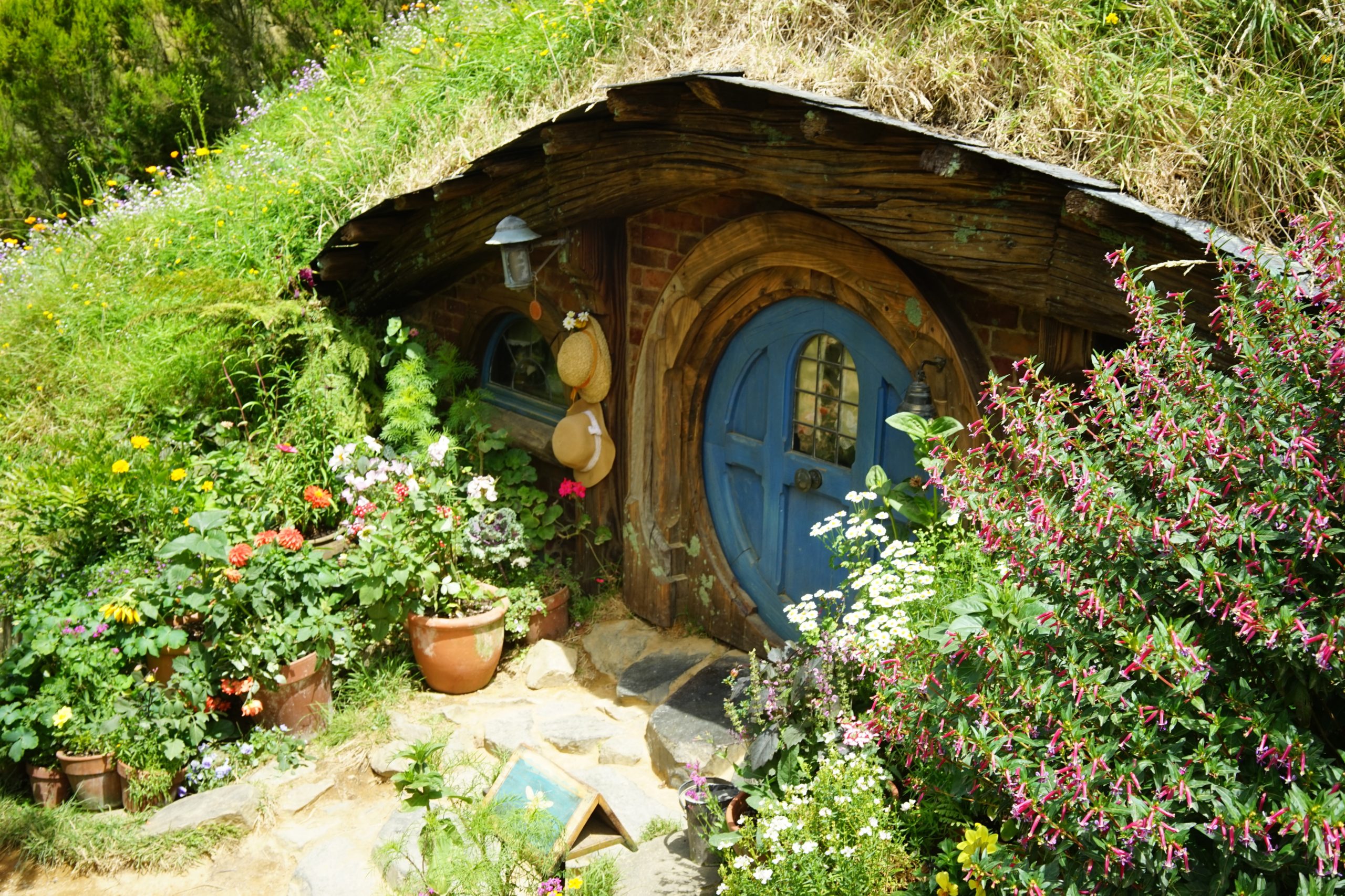 A wide shot of the Hobbiton movie set in Matamata New Zealand